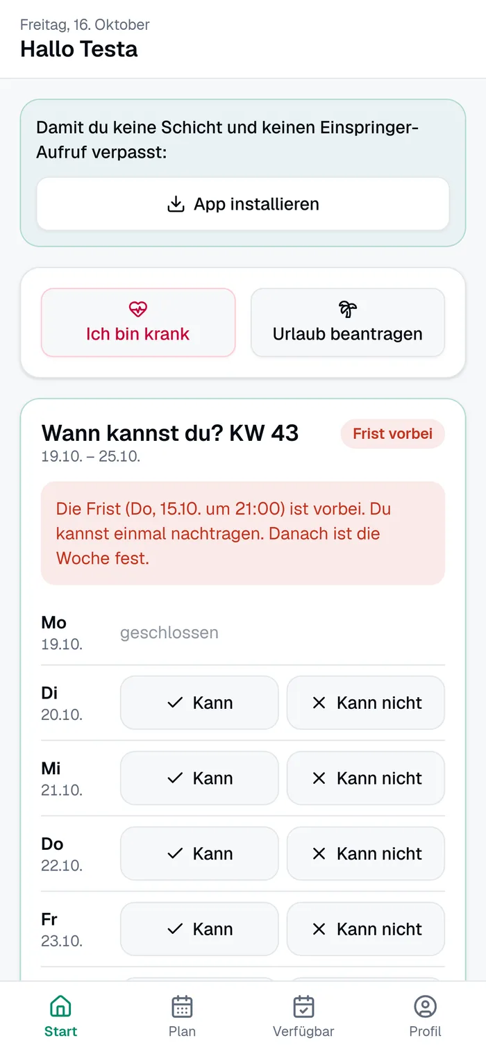 ZenShift Mitarbeiter-App auf dem Handy: krank melden, Urlaub beantragen, Verfügbarkeit eintragen